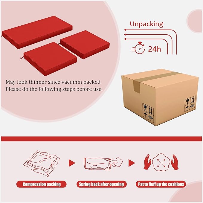3 Pack Outdoor Replacement Cushions,36L x 18W x 3H,18L x 18W x 3H inch, High-Elastic Replacement Sponge for 4-Seater Water-Resistant Patio/Sofa with Removable Covers (Red)