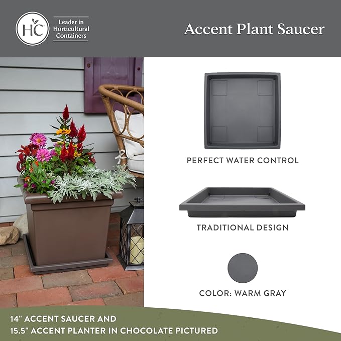 The HC Companies 14 Inch Accent Square Plant Saucer, Lightweight UV-Resistant Plastic Outdoor & Indoor Flower Pot Tray, 2-Pack Plant Pot Trays for Garden & Home Decor, Warm Gray