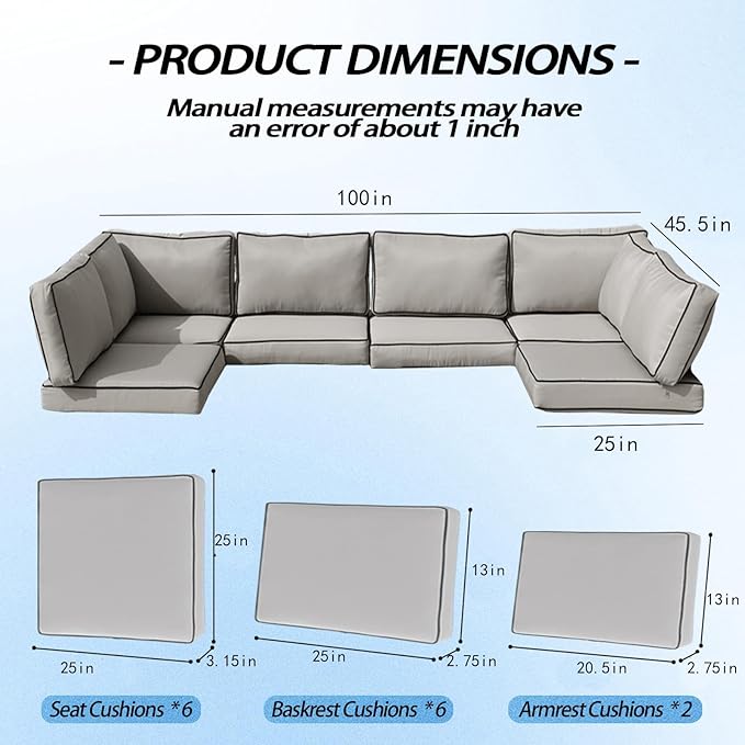 Patio Furniture Cushions,14Pieces Water-Resistant Outdoor Replacement Cushions,Sectional Sofa Cushions for Fits 6-Seats Rattan Wicker Patio Conversation Sets