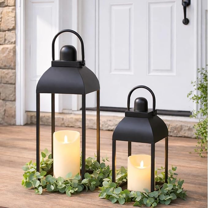 Lanterns Decorative Outdoor Indoor, Black Metal Outdoor Lanterns, 17'' 13'' Set of 2 Modern Farmhouse Candle Lantern Decor Rustic Lanterns Centerpieces for Patio, Front Porch, Mantel, Wedding