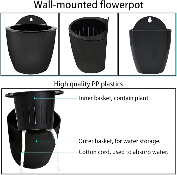 7Pack Self-Watering Plant Flower Pot Wall Hanging Plastic Planters Size 7 inch with 7 Hooks Replacement for Plants Flowers Indoor Outdoors