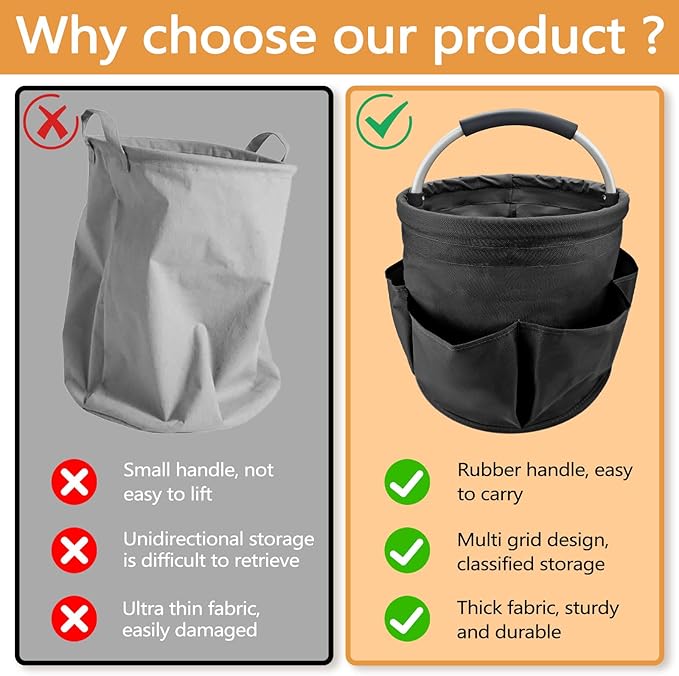 Black 17 L Picnic Garden Tool Bag with 6 Pockets, Foldable Bucket Organizer for Storage Camping Home Cleaning Products, Portable Garden Caddy Tote with Handle Harvest Basket (Black)