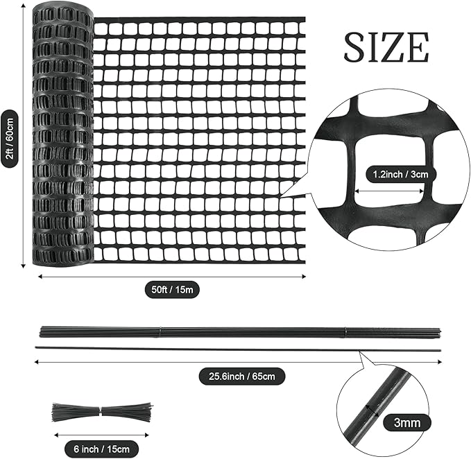 Plastic Garden Fencing Roll Safety Construction Barrier Outdoor Snow Mesh Fence Garden Netting, 1.2 Inch Mesh, Coated Iron Wire Support Stakes, Cable Ties for Garden (Black, 2 x 50 Feet)