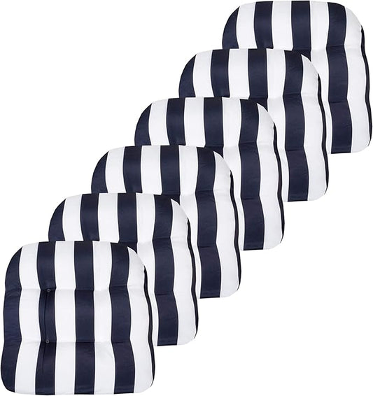 Sweet Home Collection Patio Cushions Outdoor Chair Pads Premium Comfortable Thick Fiber Fill Tufted 19" x 19" Seat Cover, 6 Pack, Havana Navy/White