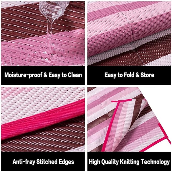 HUGEAR Outdoor Waterproof Rug 9'x12' Plastic Straw Rugs Washable Reversible Floor Mat Pink Stripe Carpet for Camping RV Deck Entryance Porch Picnic Balcony Beach Backyard