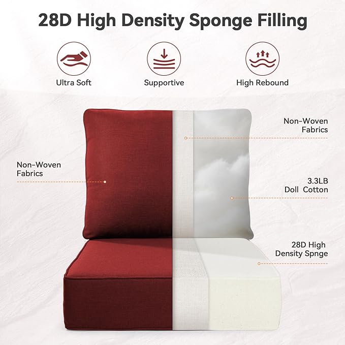 Luxury 6" Outdoor Cushions for Patio Furniture, 24x24x6" Thick Seat Cushion Set of 5, Fade Resistant Couch Chair Replacement Cushions High Density Deep Wicker Chair Cushion w/ Removable Cover, Red