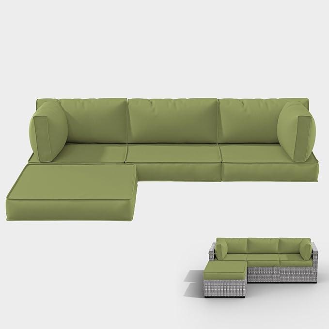 Outdoor Cushions for Patio Furniture with 5 Pillows, Waterproof Patio Furniture Cushions Replacement, 4" Deep Seat Outdoor Sectional Cushions for 4-seat Patio Furniture Chair Sofa Couch,Light Green