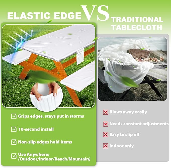 Picnic Table Cover with Bench Covers Vinyl Elastic Edges Fitted Rectangle Seat Tables Waterproof 3-Piece96X30in Set Outdoor Rectangular Folding Backing Tablecloth for Camping Over Size