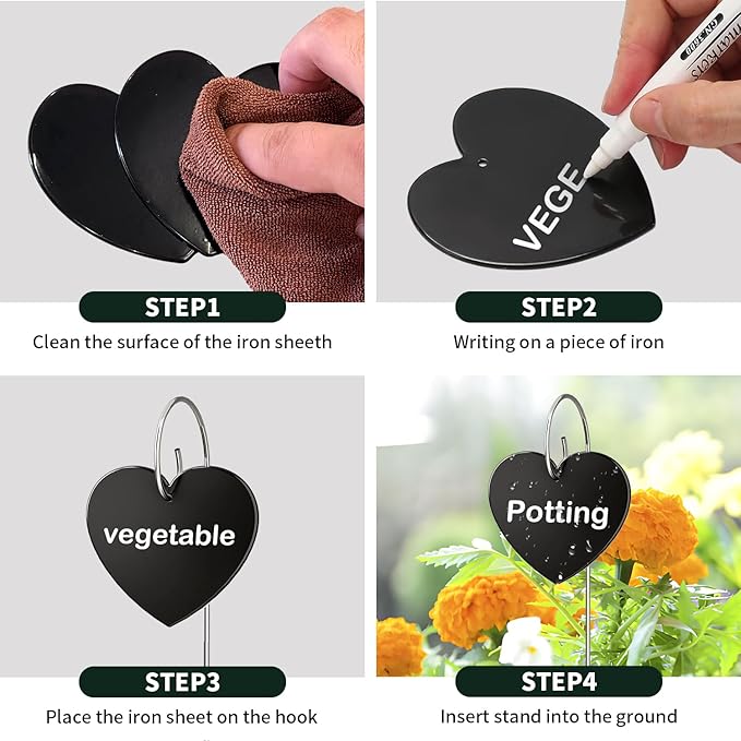 25-Pack Iron Metal Heart Shaped Garden Markers Weatherproof Metal Plant Labels Large Planting Seedling Stake Signs, for Seedlings Herbs Vegetable Greenhouse Gifts with White Marker Pen Labels