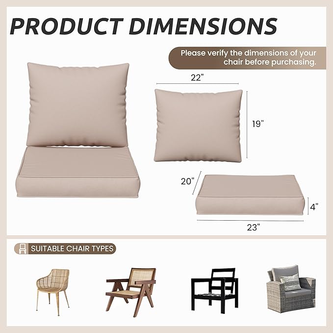 Amopatio Outdoor Chair Cushions 22.5"× 20.3" × 4", Set of 4 with Removable Cover, Waterproof & Fade Resistant seat Cushions for Patio Furniture, Beige