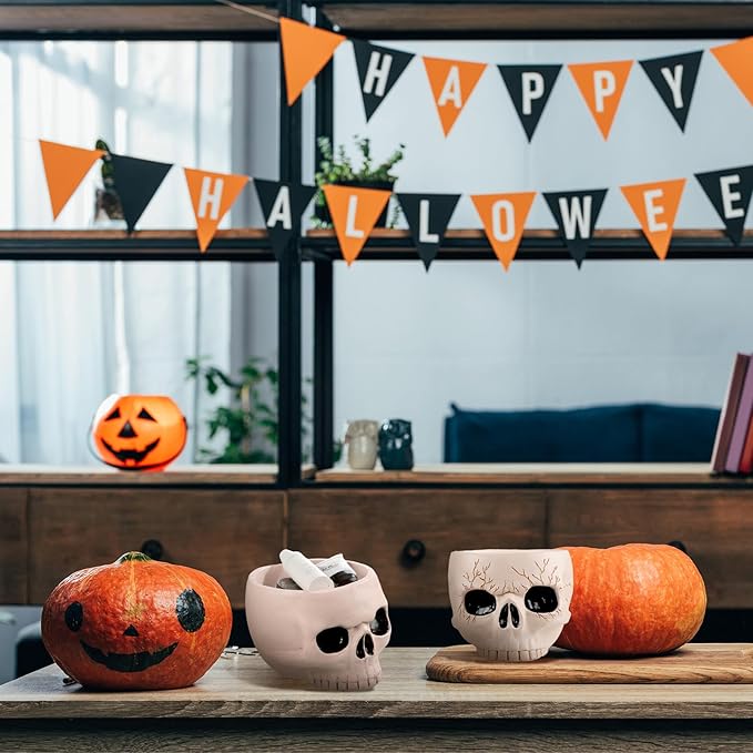 Sliner 2 Pcs Halloween Skeleton Skull Bowl and Cup - Figurine Candy Dish, Candle Holder, Planter Pot for Party Home Bar Decor