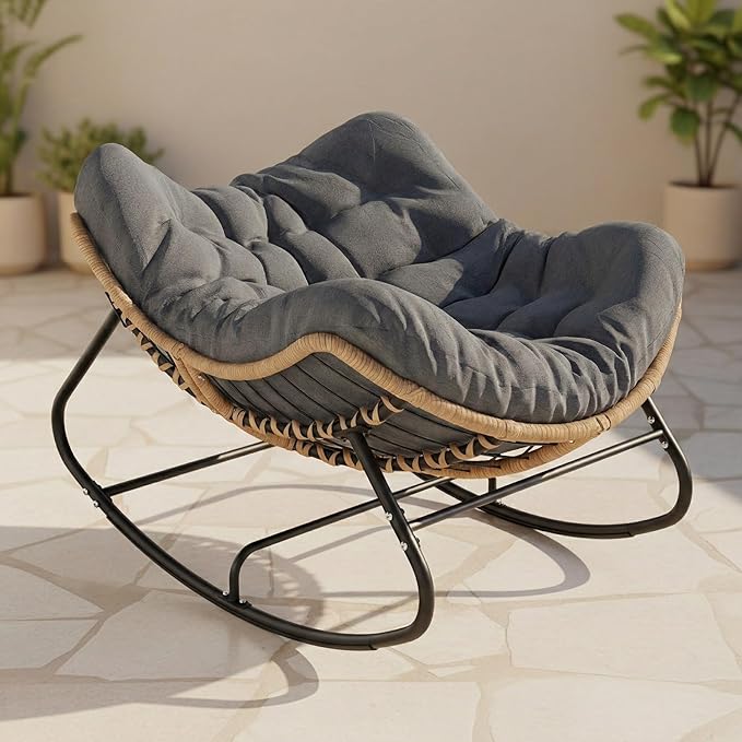 SWITTE Outdoor Rocking Chair, Oversized Patio Papasan Rocker, Comfy Wicker Reading Lounge, Indoor Egg Chair for Bedroom, Living Room, Porch, Garden, Lawn-Dark Grey