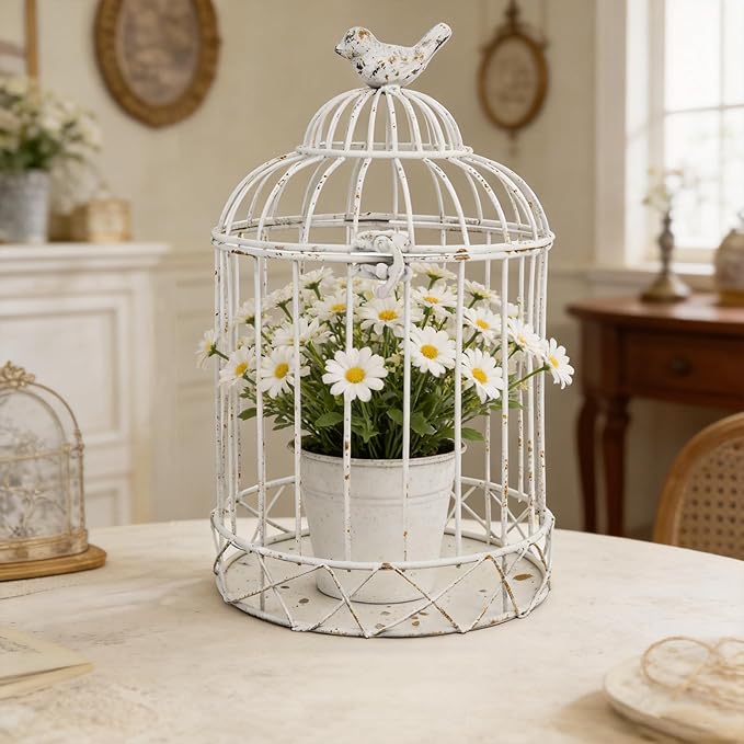 Vintage Birdcage Planter, 11.8" H Rustic Farmhouse Metal Plant Holder, Distressed White Decorative Candle Holder for Wedding Centerpieces, Garden Patio Indoor Outdoor Home Decor