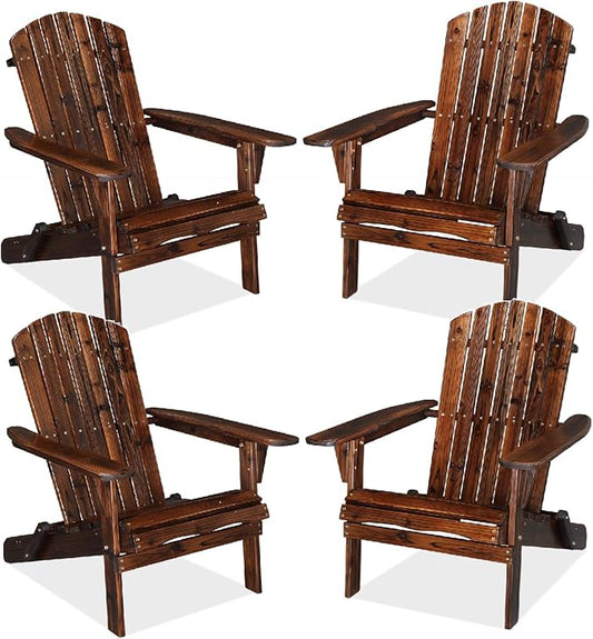 VINGLI Folding Adirondack Chair Set of 4, Wood Adirondack Chairs for Outdoor, Foldable Fire Pit Chairs for Patio, BBQ, Porch, Yard, Pool, Carbonized