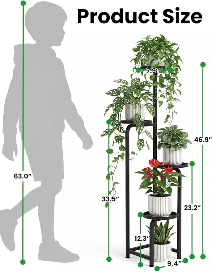 TOSKING 4 Tier Corner Plant Stand Indoor Outdoor, Heavy Duty Metal Flower Pot Holder Shelf for Multiple Plants, Space Saving Patio Garden Balcony Living Room Decor，Black