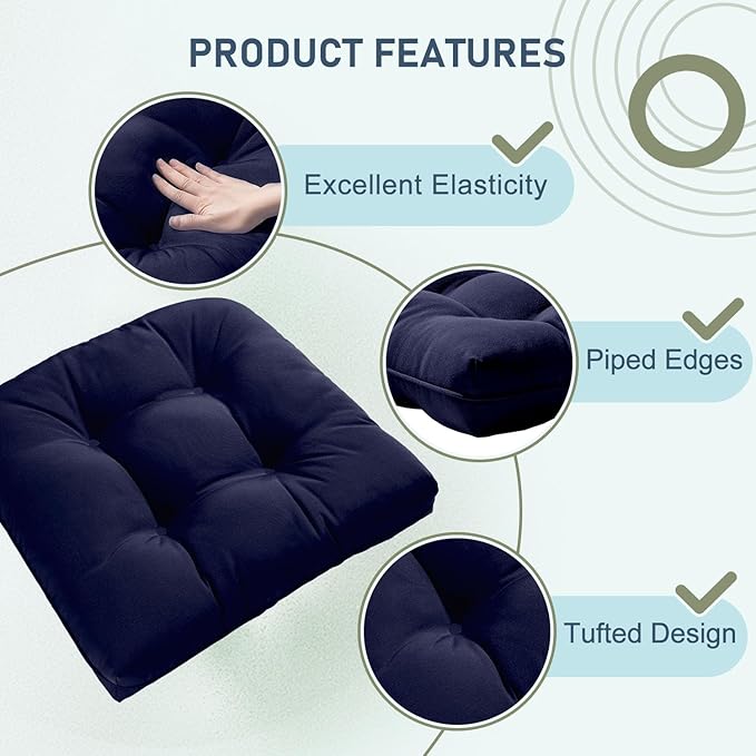 downluxe Outdoor Chair Cushions Set of 2 for Patio Furniture, Waterproof Tufted Overstuffed Patio Furniture Cushions, Thick Outdoor Seat Cushion, 19" X 19" X 5", Navy