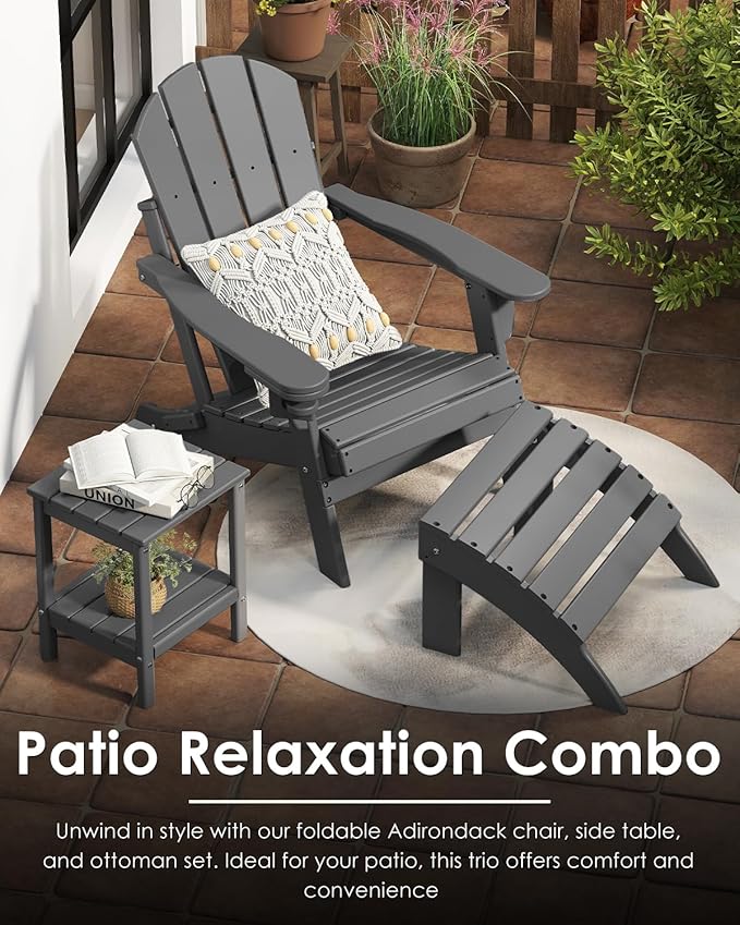 GREENVINES Folding-Adirondack-Chair | HDPE Plastic | Fire Pit Chairs | All Weather | Cup Holder | Grey | for Deck Backyard Patio Outdoor Garden