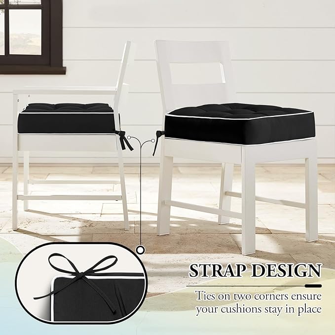 Wellsin Outdoor Chair Cushions Set of 2, Patio Cushions for Outdoor Furniture, Tufted Waterproof Outdoor Chair Pads, 17 x 17 Inch, Black