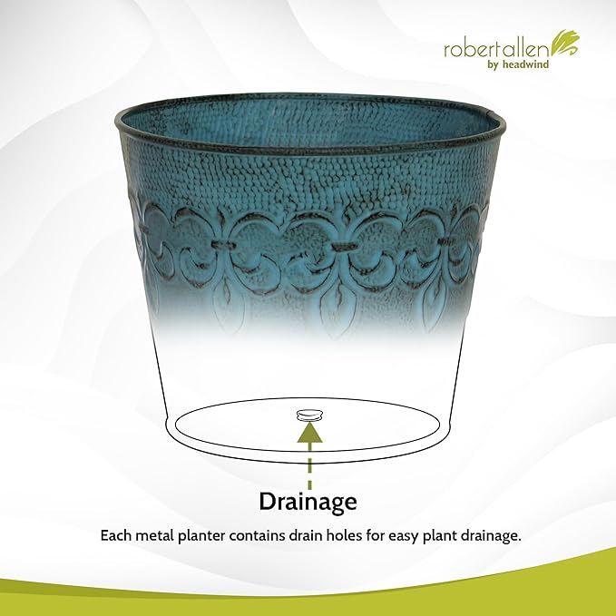 Headwind Ironlite Fleur De Lis Collection – 6" Surf Blue Decorative Planter with Drain Plug – Lightweight Metal Garden Pots for Indoor & Outdoor Planters Use by Robert Allen