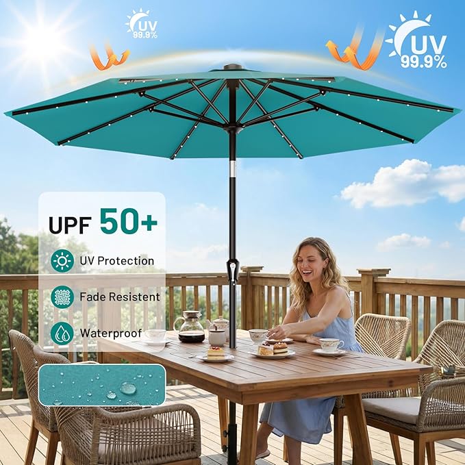 AreShark 9FT Patio Umbrella with Solar Lights, 32 LED Lighted Pool Umbrella w/Tilt and Crank, Outdoor Market Solar Umbrellas for Garden, Deck, Backyard, Pool and Beach, Lake Blue
