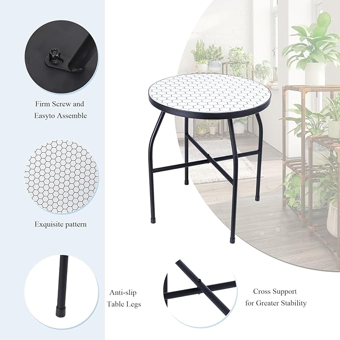 VCUTEKA Mosaic Outdoor Side Table, Round Rustproof Patio Table with 14" Ceramic Tile Top, Indoor Porch Accent Table for Yard, Garden, Living Room, Bistro Balcony, White