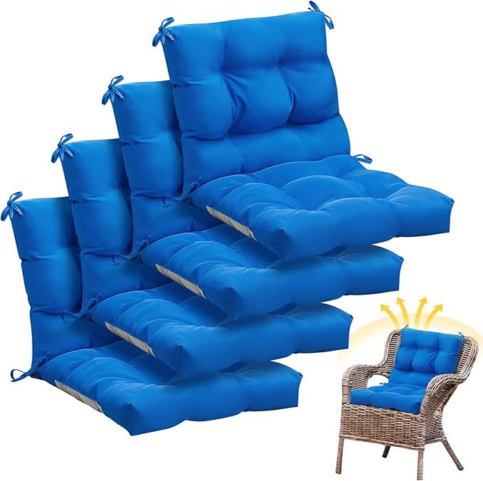 Marsui 4 Pcs Outdoor Indoor High Back Chair Cushions Patio Furniture Tufted Pillow with Ties All Weather Replacement Outdoor Rocking Chair Cushions, 42 x 21 Inches (Blue)