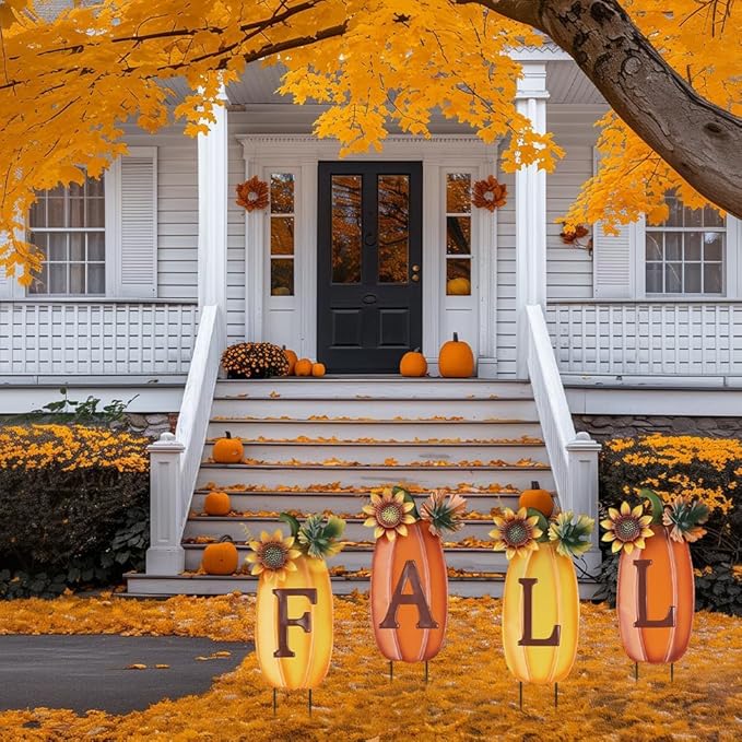 hogardeck Outdoor Fall Thanksgiving Decorations for Home, 4 PCS Metal Pumpkin Decorative Garden Stakes with Sunflowers for Fall Decorations, Yard Signs for Garden Home Lawn Patio