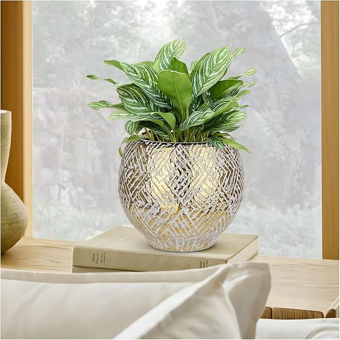 Ceramic Plant Pots for Plants Indoor 7.5 Inch Round Gold and White Flower Pot Gilded Decorative Planter with Drainage Hole and Saucer Modern Ceramic Pot for Succulents Orchids Cactus Herbs Home Decor