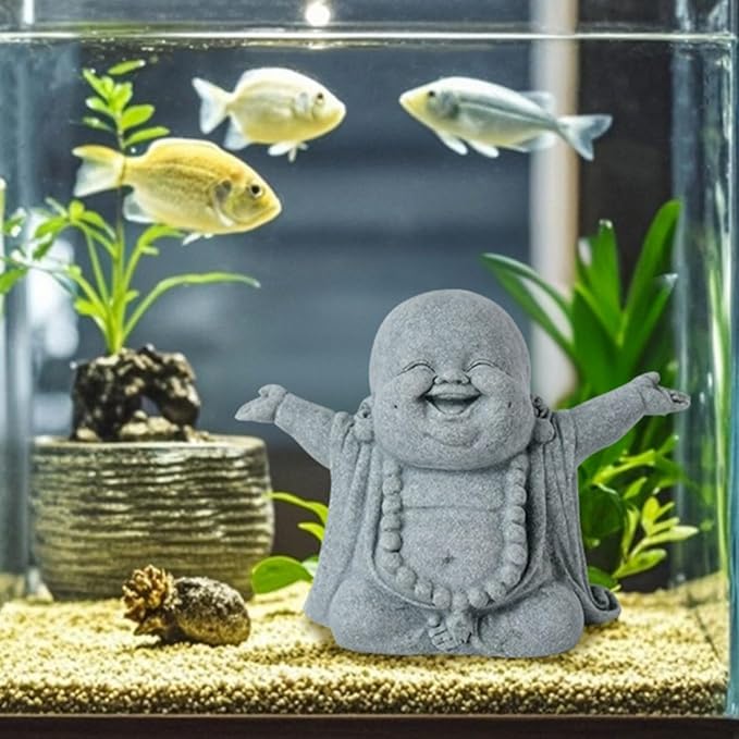 OwMell Japanese Jizo Monk Statue, Buddha Jizo Figurine Memorial Aquarium Statue Ornament - Laughing Buddha
