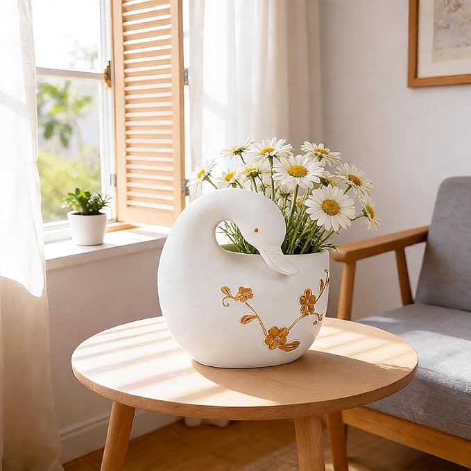 Teaeeno Decorative Garden Swan Planters Succulent Pots Indoor Unique Flower Plant Pots Cement Swan Decor Home Garden Balcony Decor (Whiter)