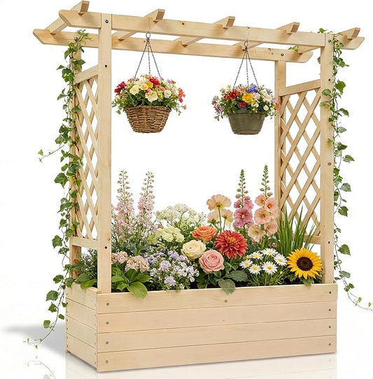 Outvita Raised Garden Bed with Trellis, Wood Planter Box with Hanging Roof, Side Trellis and Drainage Holes, Above Ground Elevated Garden Bed for Outdoor Climbing Plants Vegetables (Natural Wood)