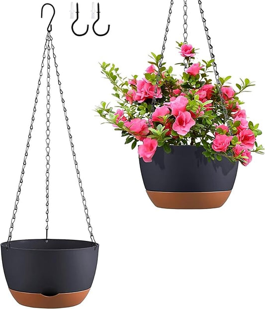 Hanging Planters for Indoor Plants, Set of 2 8/10 Inch Self-Watering Hanging Pots with Drainage Hole & Removable Water-Storage Tray II Screw-in Hooks II