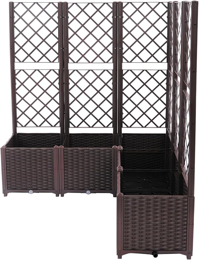 5PCS Raised Garden Bed with Treliis, Freestanding Garden Planter, Detachable Outdoor Planter Box, Vertical Garden Beds with Water Storage Mechanism for Climbing Growing, Backyard (Brown)