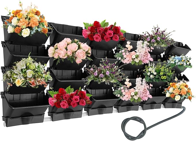 Vertical Wall Planter for Indoor Plant-Walls Mounted Pot with 6 Drainage Tray 24 Pack, with 6.56ft Drainage Pipe, for Decor, Plastic Pots Balcony Planters, Plants Hanging (24, Black)