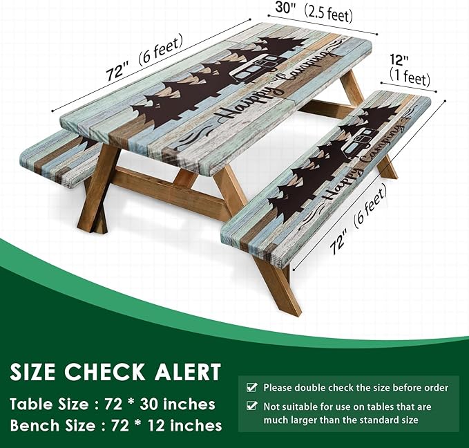 Picnic Table Cover with Bench Covers Elastic Edges, Green Camper Fitted Table Cover, Outdoor Patio Camping Essentials 72 Inch 3PCS, Waterproof Camping Fitted Tablecloth with Drawstring Bag