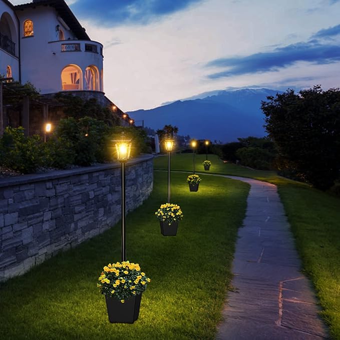 64 Inch Solar Lamp Post Light with Planter, 60 High Lumens Street Light, Solar Post Lights Waterproof for Garden, Pathway, Lawn, Driveway, Front Back Door Outdoor Pole Lamp（Warm）