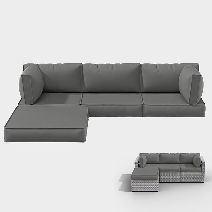 Outdoor Cushions for Patio Furniture with 5 Pillows, Waterproof Patio Furniture Cushions Replacement, 4" Deep Seat Outdoor Sectional Cushions for 4-seat Patio Furniture Chair Sofa Couch,Light Grey