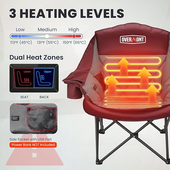 Overmont 2PCS Heated Oversized Camping Chair for Adults - 3 Heat Levels Seat & Back Separately Control - 400lbs Support Heavy Duty Padded Folding Chair Outdoor Garden Portable - Battery NOT Included