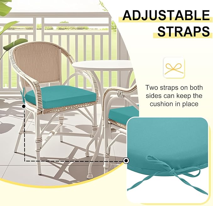 downluxe Outdoor Chair Cushions Set of 6 for Patio Furniture, Water-Resistant Patio Chair Cushions with Ties, High Density Foam Outdoor Seat Cushion, 17" X 16" X 2", Teal