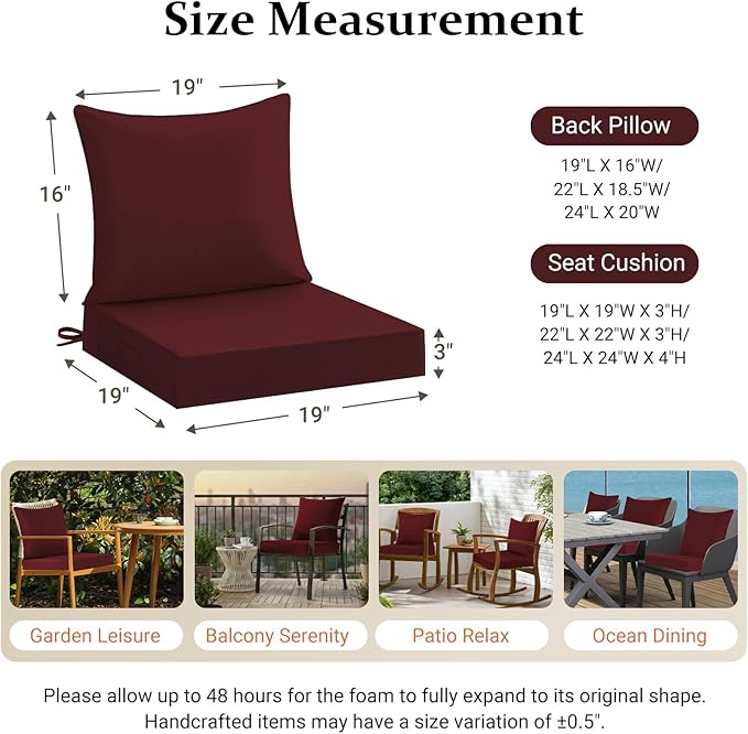 downluxe 19x19 Outdoor Chair Cushions, Waterproof Fade Resistant Patio Furniture Cushions with Handle & Removable Cover, Deep Seat Outdoor Cushions for Sofa, Couch and Patio Chairs, Burgundy