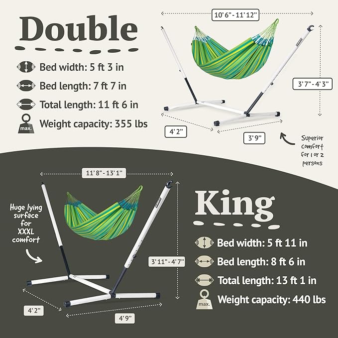 LA SIESTA® - XL King Brisa Classic Hammock & Nautico Steel Stand - Weather & Tear Resistant - Portable, Family Hammock w/Stand - Balcony Porch Garden Outdoor Indoor Hammock - Max 440 Lbs, Lime