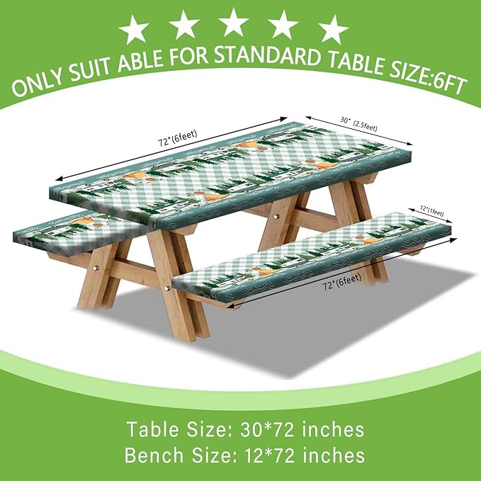 Picnic Table Cover with Bench Covers, Buffalo Plaid Camping Waterproof Windproof Fitted Tablecloth Cover with Elastic Edge, Camping Fitted Tablecloth with Drawstring Bag, 96in, Green