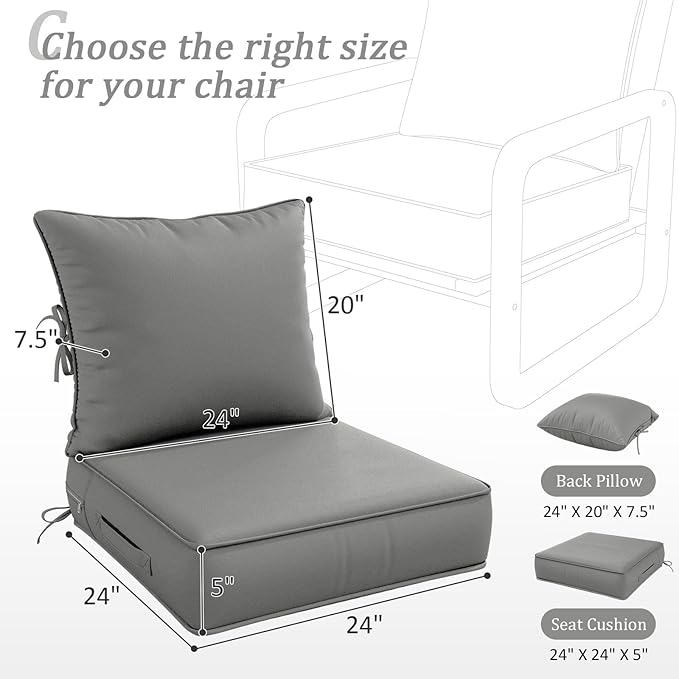 Outdoor Patio Chair Cushions Set 24 L X 24 W X 5 H Waterproof & Fade Resistant Deep Seat and Back Cushions with Removable Covers Outdoor Seat Cushion Set for Chairs and Sofas