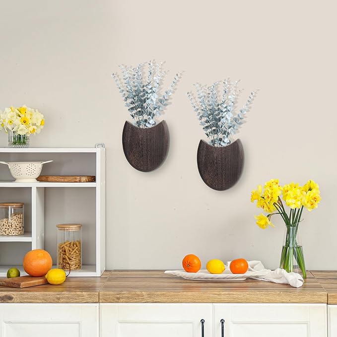 2 Pack Wood Wall Planters with Artificial Plants Farmhouse Boho Wall Decor Pocket Vases for Kitchen Office Living Room Entryway Hallway Bathroom Indoor Decoration (Brown)