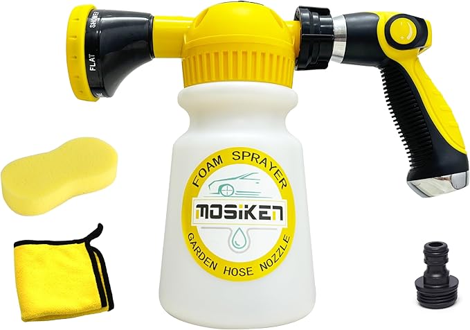 Foam Gun Car Wash Sprayer with Washing Sponge & Absorbent Towel, Foam Cannon Car Washing Kit, 1/2” Connector for Garden Hose, for Car/Garden Cleaning (YELLOW)