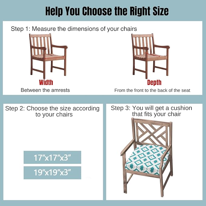 idee-home Outdoor Chair Cushions Set of 2, Thick 19" x 19" x 3" Outdoor Seat Cushions Patio Furniture Waterproof with Ties, Dining Pads