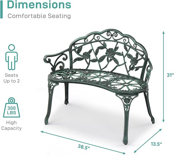 Outvita Outdoor Bench, 38"" Cast Aluminum Garden Bench Anti-Rust Weather Resistant Patio Bench Rose Pattern Bench for Front Porch, Backyard, Lawn, 1, Green