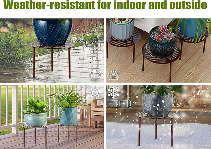 5-Pack 12” Heavy-duty Metal Plant Stands Large Flower Pot Holder for Indoor Outdoor Rust-proof Iron Potted Planter Stand Modern Round Corner Stand Shelf for Living Room Patio Garden Yard, Brown