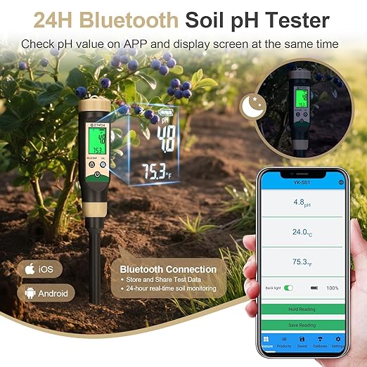 Soil pH Meter for Food, Bluetooth Water pH Tester for Soil & Hydroponic, Digital pH Temp Meter for Blueberry Jam with ATC for Canning, Dough, Garden Lawn, Indoor Outdoor Plants, Raised Garden Beds