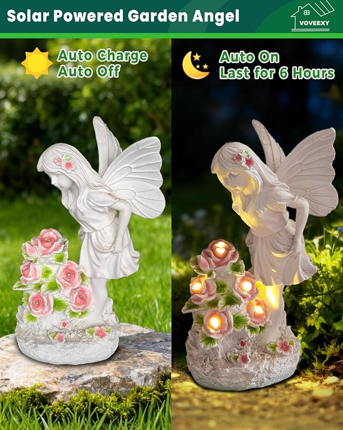 Garden Figurines Angel Garden Statue Outdoor Decor, Solar Powered Resin Sculpture with 5 LEDs Art Decoration for Patio Lawn Yard Porch, Ornament Housewarming Gift, 11“ H